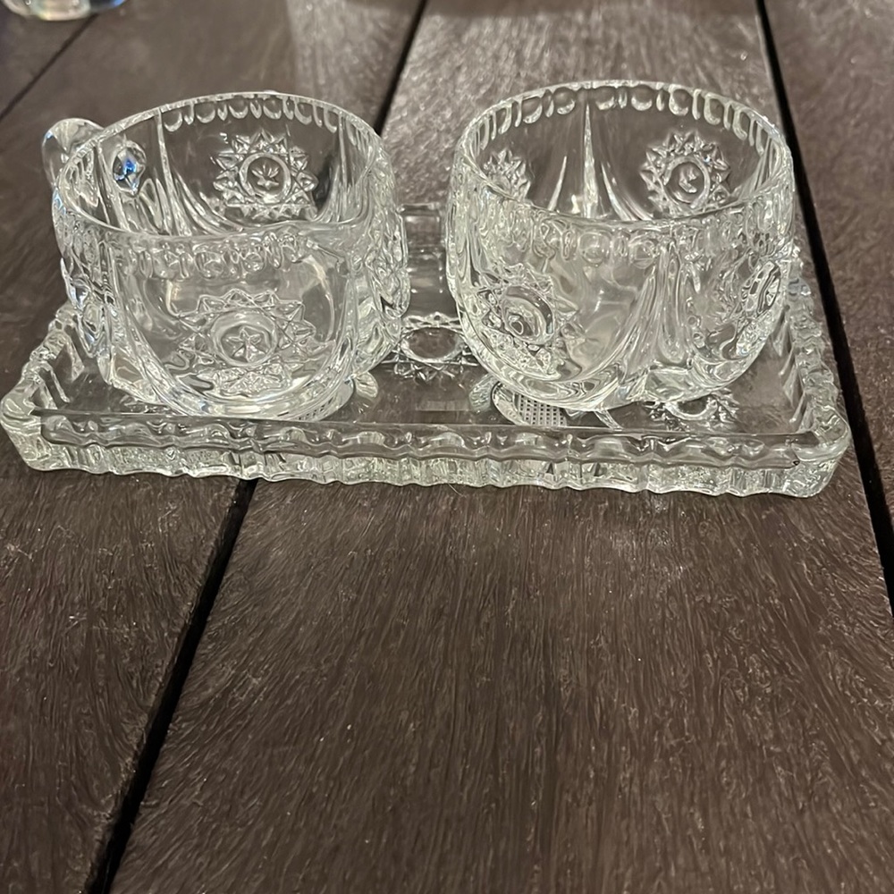 Crystal Cream and Sugar Bowl on Serving Dish